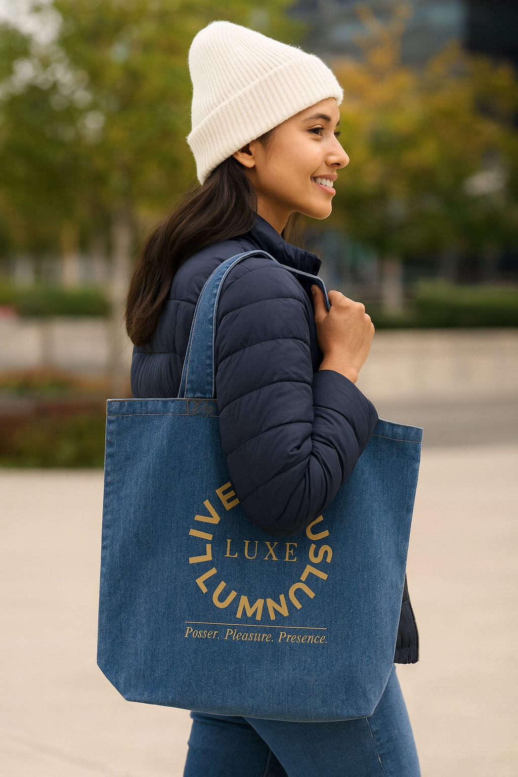 Live Luminously - Limited Luxe Denim & Gold Tote — Collector’s Artefact